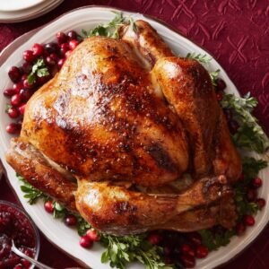 A whole roasted turkey with crispy golden skin, garnished with fresh cranberries and greens, served on a white platter.