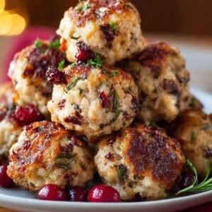 Golden-brown turkey meatballs studded with cranberries and herbs, garnished with parsley and surrounded by fresh cranberries on a plate.