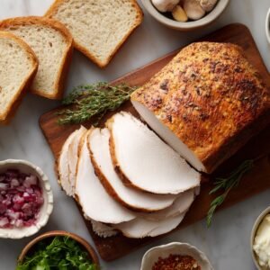 A roasted turkey breast sliced neatly on a cutting board, surrounded by bread slices, herbs, and small bowls of chopped onions and greens.