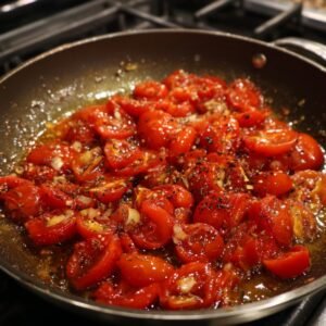 A skillet of cherry tomatoes sautéing in oil with garlic, herbs, and spices, creating a vibrant tomato sauce base.
