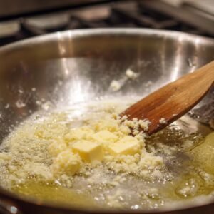Butter and minced garlic melting in a skillet, stirred with a wooden spoon to form the base of Alfredo sauce.