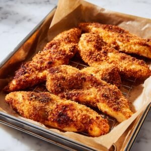 Breaded chicken tenders baked to a golden crisp, placed on a parchment-lined wire rack over a baking sheet.