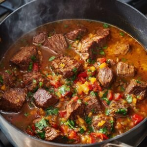 "Chunks of beef simmering in a pot of flavorful birria broth with chopped bell peppers, onions, and cilantro. The steam rises as the beef becomes tender."