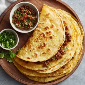 "Stack of folded corn tortillas filled with ground meat on a wooden plate, served with a small bowl of fresh salsa and a bowl of chopped cilantro on the side."