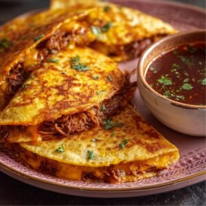 "Close-up of birria tacos on a pink plate, filled with shredded beef and melted cheese, topped with chopped cilantro. A bowl of rich, red birria consommé is on the side for dipping."