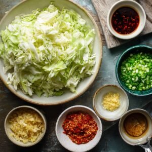 A collection of ingredients including shredded cabbage, sauces, chili flakes, ginger, and garlic in bowls.