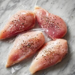 Raw chicken breasts seasoned with salt and pepper, wrapped individually in plastic wrap and ready for preparation.