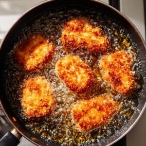 Breaded chicken pieces frying in hot oil in a skillet, turning golden brown and crispy.