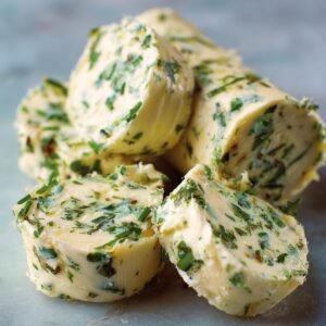 Slices of herb butter with parsley and chives rolled into a log and cut into rounds, ready to be used for chicken Kiev filling.