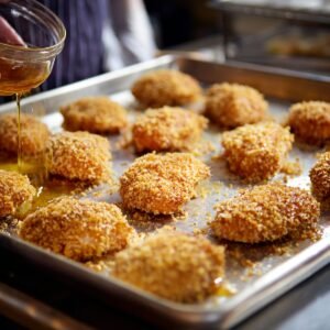 A hand pouring oil from a small glass bowl onto breaded chicken pieces arranged on a large metal baking tray, ready to be baked.