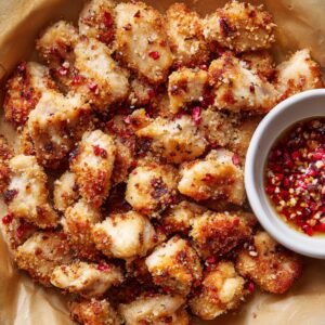 Crispy breaded chicken nuggets topped with chopped red chili flakes served in a bowl with a side of spicy dipping sauce.