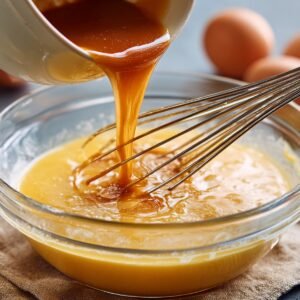 Caramel sauce being poured into a bowl of flan custard mixture, with a whisk inside. The caramel is golden and thick, indicating it's freshly made.