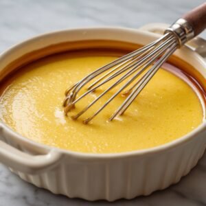 A bowl of yellow flan custard mixture being whisked with a metal whisk. The mixture looks smooth and slightly foamy, ready for baking.
