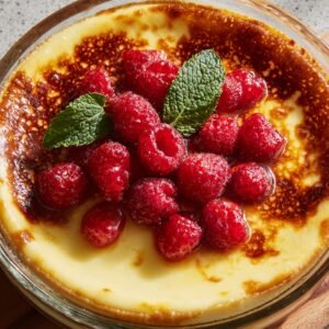 A baked flan topped with fresh raspberries and mint leaves. The caramelized top has a golden brown color, and the custard underneath appears creamy and smooth.