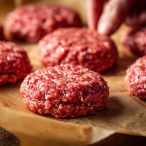 Raw formed beef patties placed on parchment paper, ready to be cooked for homemade burgers.