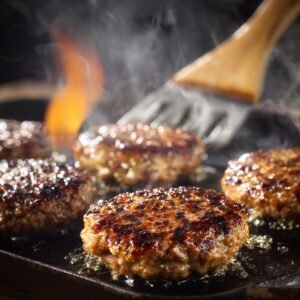 Juicy hamburger patties sizzling on a hot grill with flames and steam, being flipped with a spatula.