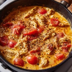 A skillet with pieces of chicken cooked in a creamy sauce with fresh cherry tomatoes, seasoned with black pepper, and a rich blend of spices.