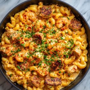 A delicious plate of creamy shrimp and sausage pasta, garnished with fresh parsley, featuring curly pasta mixed with shrimp, sausage, and a rich creamy sauce.