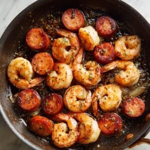 A skillet of shrimp and sausage, both browned and seasoned, sizzling in a flavorful sauce, with herbs and spices visible.