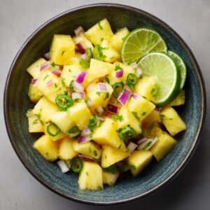 A dark ceramic bowl filled with diced pineapple, finely chopped red onion, green chili slices, and fresh herbs, garnished with lime wedges.