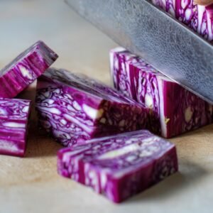 Close-up of a knife slicing through fresh purple cabbage, revealing intricate patterns inside the cut pieces.