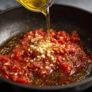 A close-up of a pan with chopped garlic, herbs, and diced tomatoes being drizzled with olive oil to make tomato sauce.