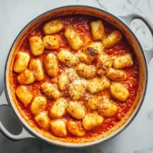 A cast iron pot filled with golden gnocchi baked in rich tomato sauce, topped with melted cheese and cracked black pepper.