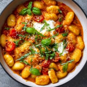 A bowl of gnocchi in a creamy tomato sauce, topped with cherry tomatoes, fresh basil leaves, grated cheese, and melted mozzarella.