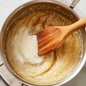 Saucepan with churro batter, wooden spoon stirring flour into melted butter and sugar mixture.