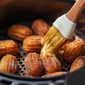 Air fryer basket filled with churro bites, a brush applying melted butter to the crispy surface.