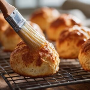 "Freshly baked golden bread roll on cooling rack being brushed with melted butter for a glossy finish."