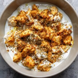Chicken marinating in yogurt and spices inside a bowl, coated with herbs and chili flakes.