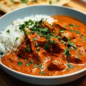 Bowl of creamy butter chicken with basmati rice, topped with chopped cilantro and served with naan on the side.