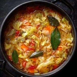 A dark pot filled with hearty cabbage soup, showing tender cabbage leaves, carrots, tomatoes, and bay leaves floating in the broth.