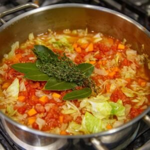 A pot of simmering cabbage soup with chopped carrots, onions, tomatoes, and cabbage, topped with bay leaves and fresh thyme sprigs.