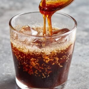 A glass of iced soda with bubbles rising to the top as a dark liquid is being poured into it, set on a gray stone surface.