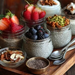 Glass jars of chia seed pudding topped with fresh fruits like strawberries, raspberries, blueberries, and blackberries, as well as nuts and seeds, displayed on a wooden board with spoons and bowls of chia seeds and almonds.