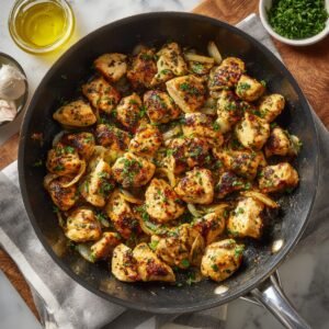 "Golden brown bite-sized chicken pieces cooking in a skillet with onions, garnished with fresh parsley, surrounded by garlic, oil, and herbs."