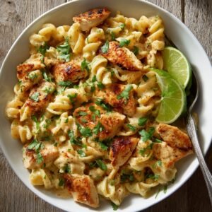"Creamy chicken fajita pasta served in a bowl, garnished with cilantro and lime wedges, showing spiral noodles and golden seared chicken."