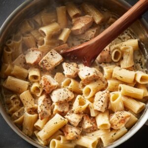 "Pasta in a creamy sauce being mixed with browned chicken cubes in a saucepan, stirred with a wooden spoon."