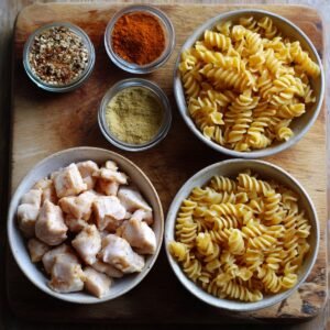 "Bowls of cooked pasta spirals, bite-sized seasoned chicken, and jars of chili powder, cumin, and fajita spices arranged on a wooden surface."