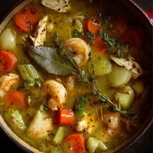 Rustic bowl of crab and shrimp soup with a clear golden broth, garnished with thyme sprigs, showing whole shrimp, diced vegetables, and seafood.