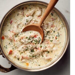 Colorful chopped vegetables including carrots, celery, onions, and parsley cooking in a large skillet, showing the vegetable base for crab soup.