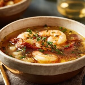 Overhead view of a creamy crab soup simmering in a pot, filled with large chunks of crab meat, herbs, and visible flecks of seasoning in a rich, white broth.