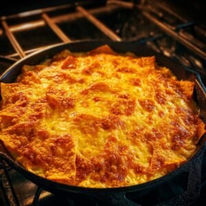 Golden-brown baked Dorito casserole in a cast iron skillet, with melted cheese bubbling on top.