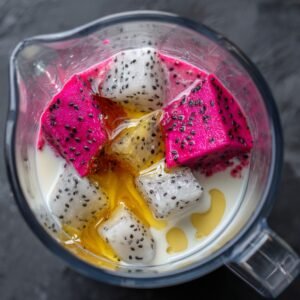 "Blender jar filled with dragon fruit chunks, ice cubes, milk, and honey, ready to be blended into a smoothie."
