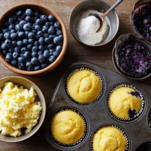 A muffin tin filled with golden cupcakes topped with blueberries, flour, and sugar dusting.