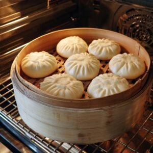 Bamboo steamer basket with fluffy bao buns steaming in the oven.