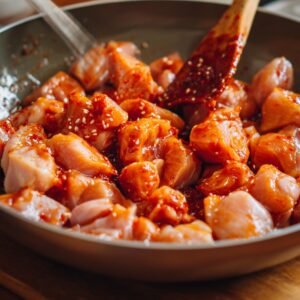 Raw chicken pieces in a skillet mixed with red gochujang marinade and sesame seeds.