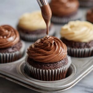 Chocolate cupcakes being frosted with a piping bag, showing swirls of chocolate and vanilla frosting.